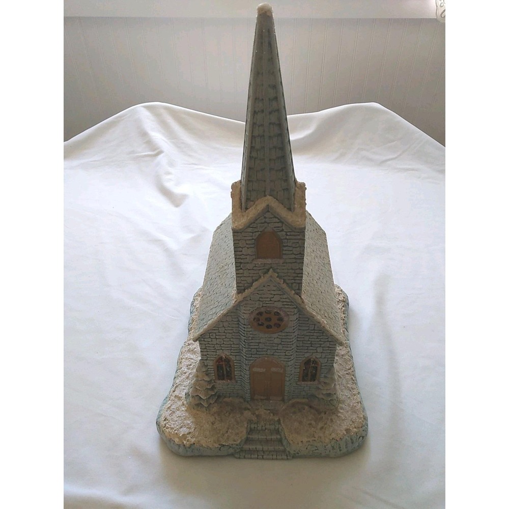 Ceramic Winter Church Blow Mold Blue White Gold Mock Stained Glass Windows